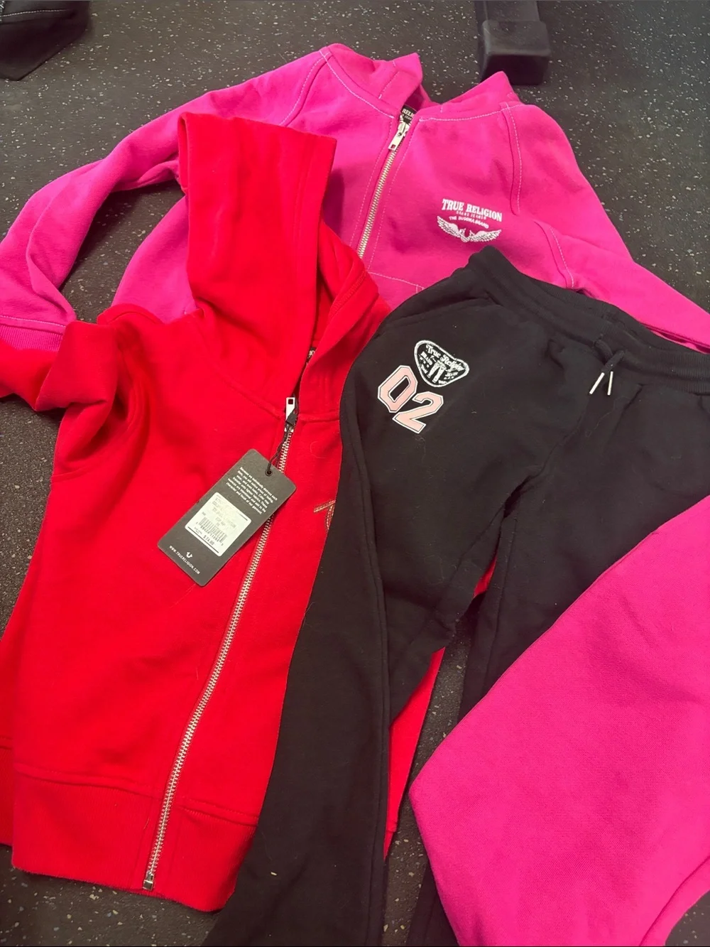 NWT Kids LOT True Religion Kids Girls Bright Pink Red Fleece Jacket & Sweatpant